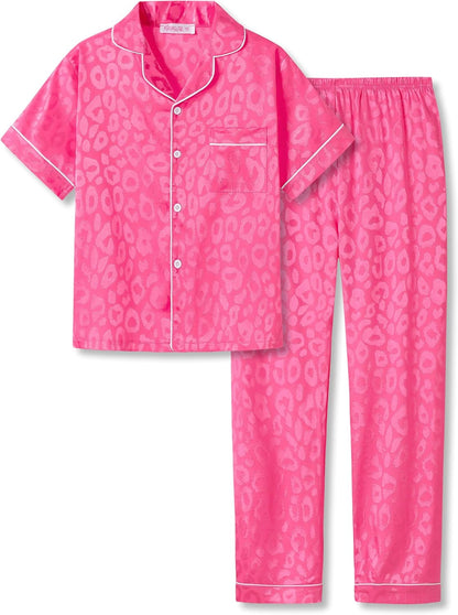 Girls Satin Pajama Set - Silky Button Down PJ with Shorts Size 6-16 Jacquard Neon Pink Leopard (Short Sleeve & Pants)