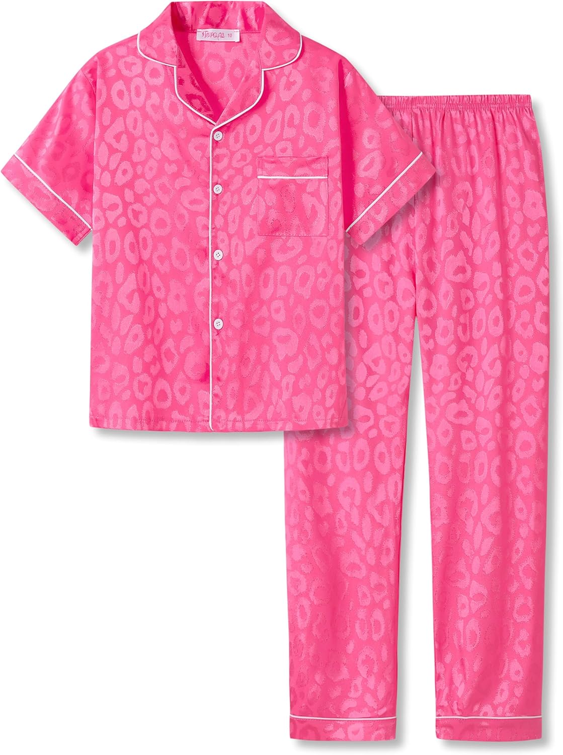 Girls Satin Pajama Set - Silky Button Down PJ with Shorts Size 6-16 Jacquard Neon Pink Leopard (Short Sleeve & Pants)