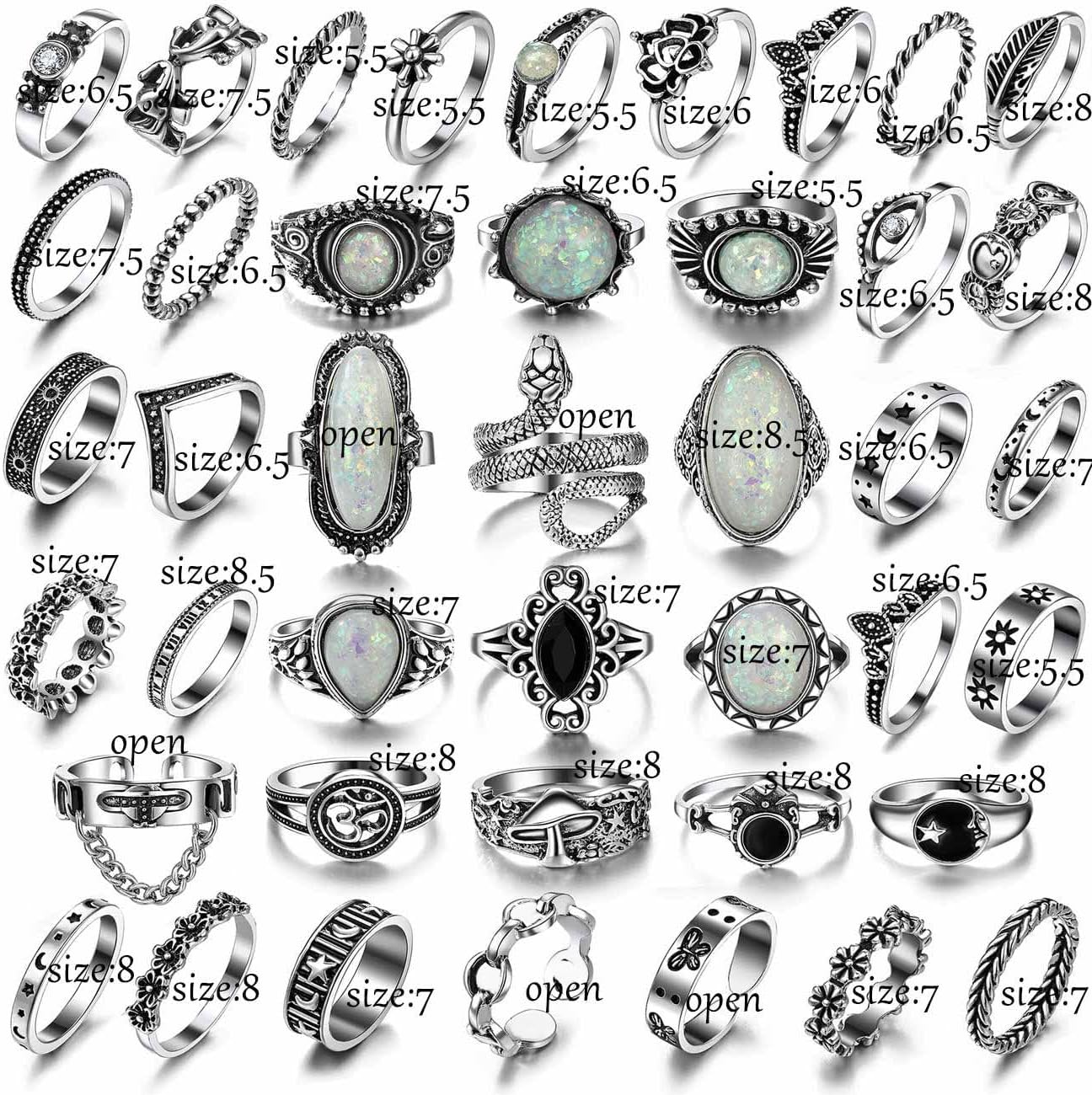 Vintage Silver Knuckle Rings Set 42 Pieces Adjustable Gothic Stackable Rings