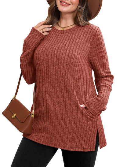 Women's Crewneck Sweater with Pockets - Long Sleeve Tunic Top with Side Slits