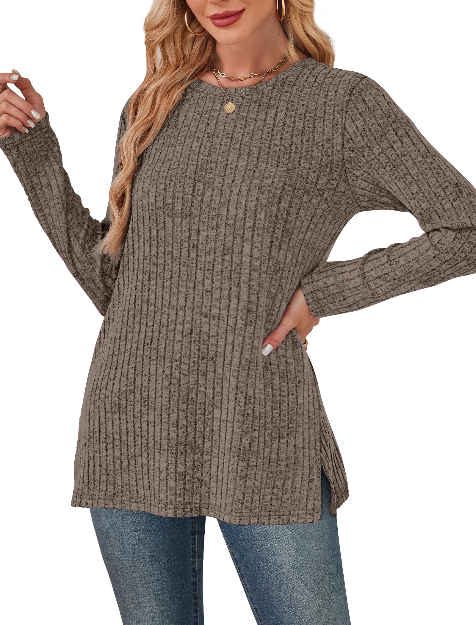 Women's Crewneck Sweater with Pockets - Long Sleeve Tunic Top with Side Slits