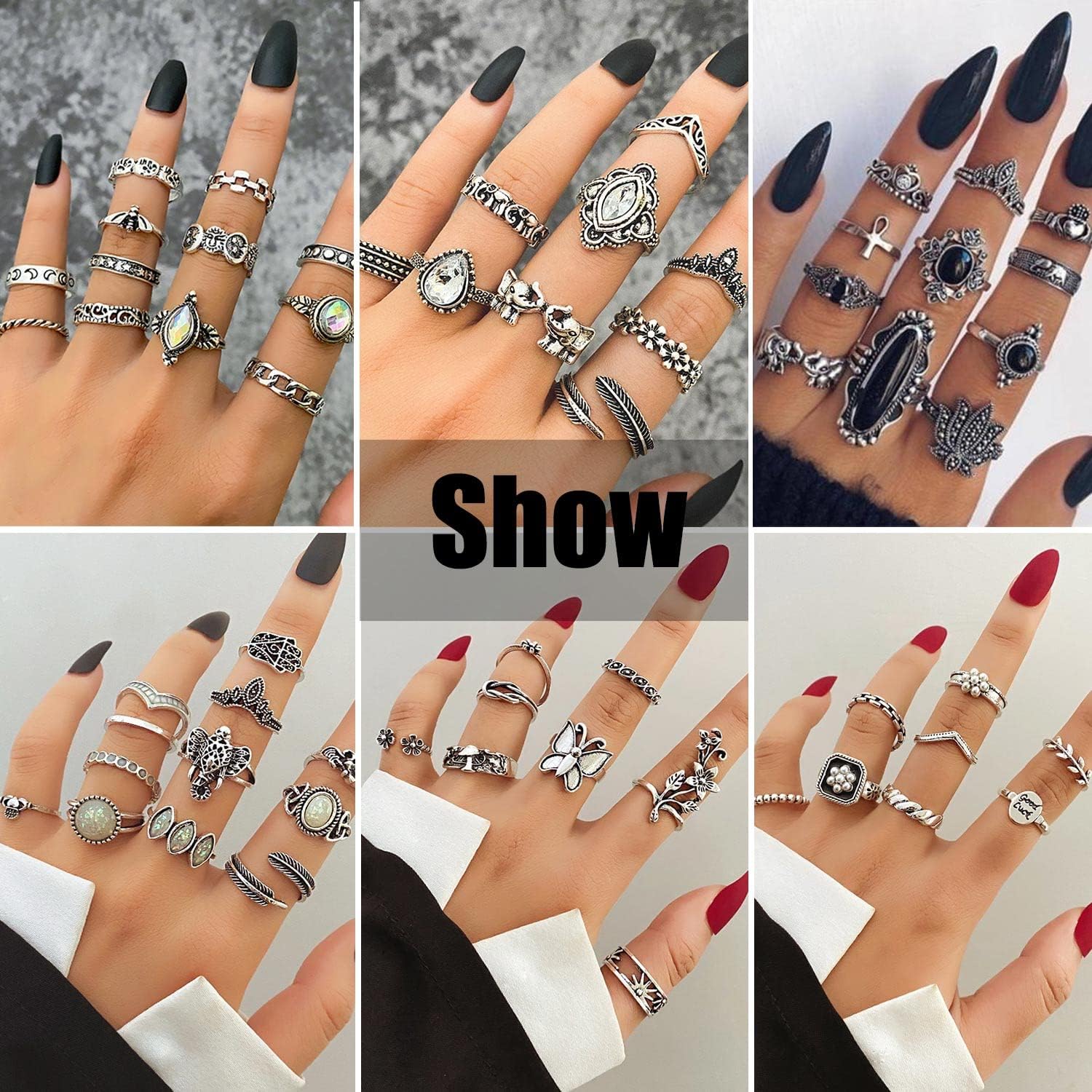 Vintage Silver Knuckle Rings Set 42 Pieces Adjustable Gothic Stackable Rings