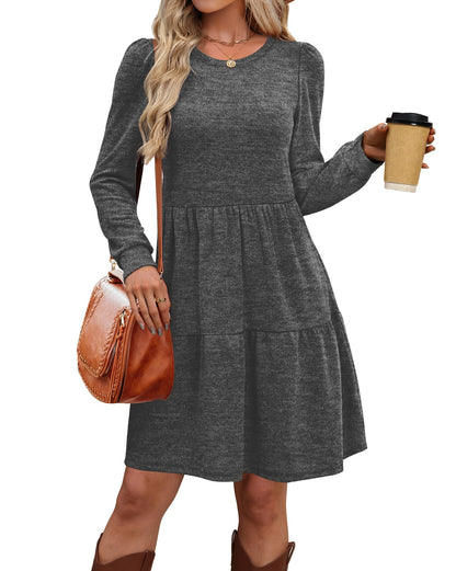 Women's Long Sleeve Fall Dresses with Pockets - Crew Neck Babydoll Casual Dress
