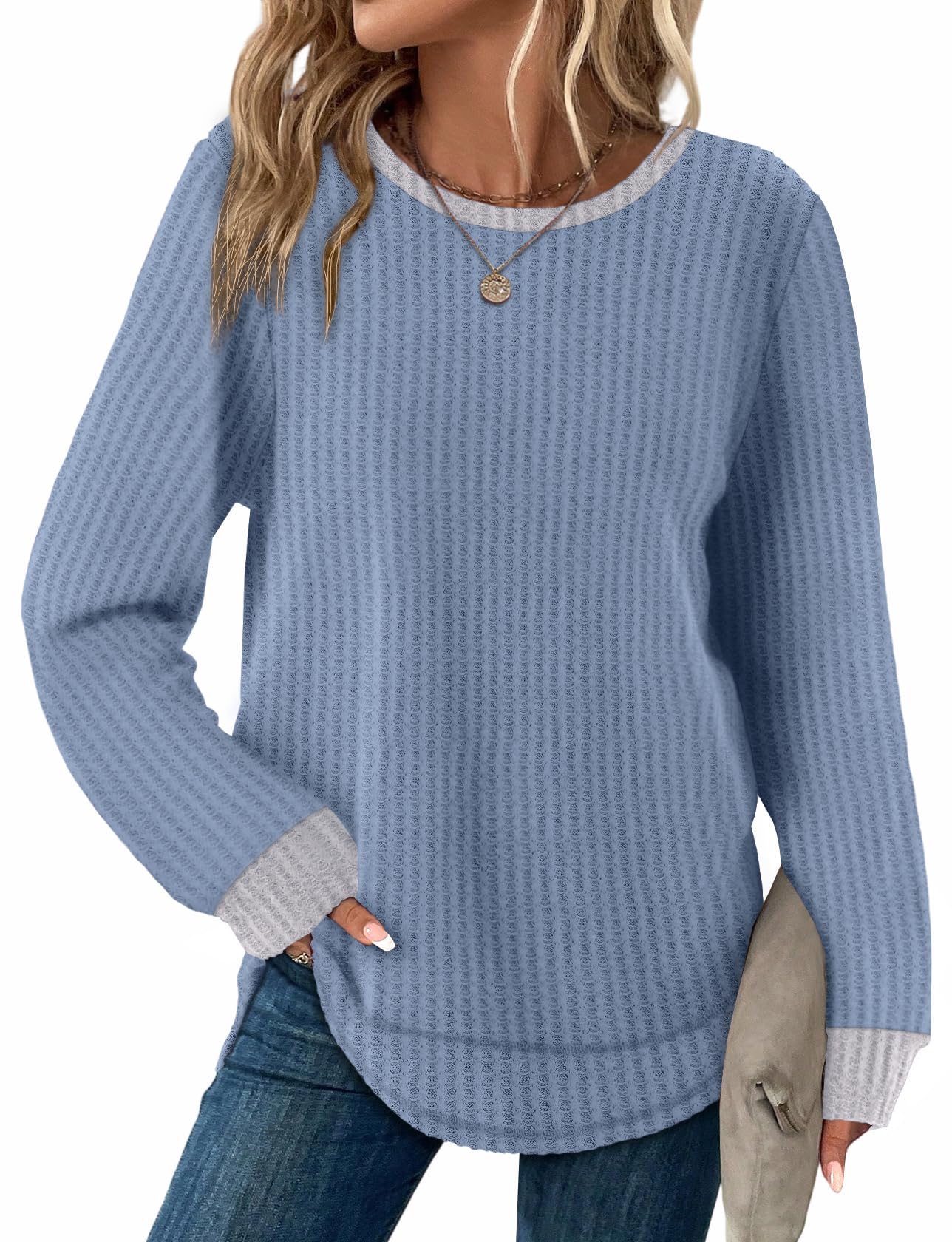 Women's Tunic Tops - Loose Fit Waffle Knit Long Sleeve Crewneck Sweaters