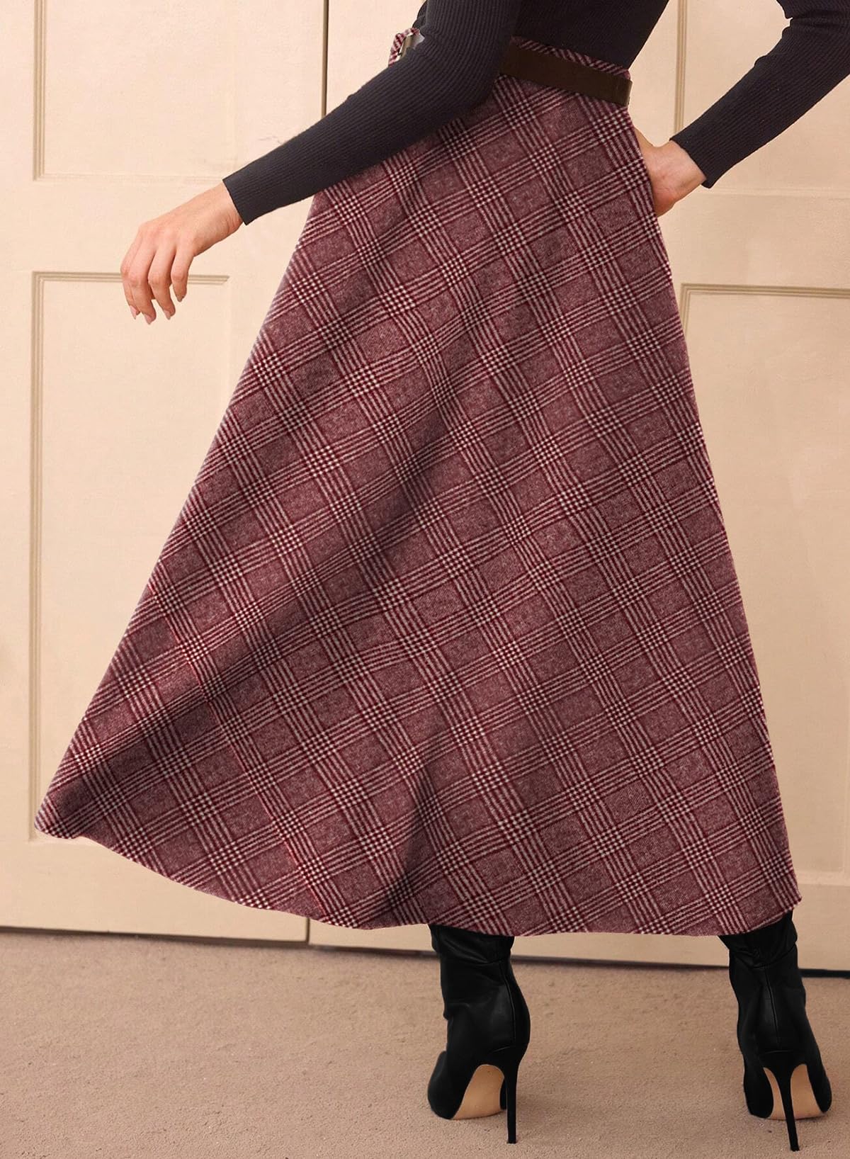 Women's Plaid Skirts - High Waist A-Line Midi Tartan Skirt with Pockets