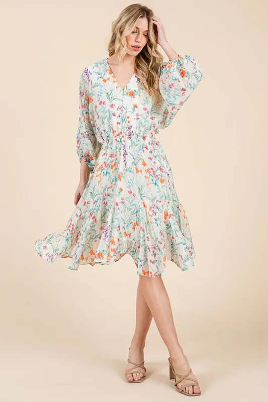 Lime 'N' Chili Floral Cinched Waist Balloon Sleeve V-Neck Dress