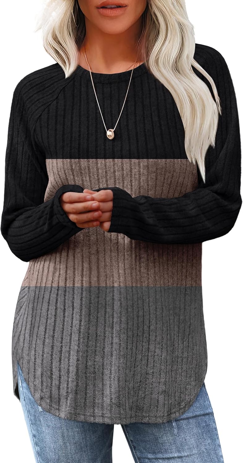 Women's Long Sleeve Tunic Tops - Loose Fit Crewneck Pullover with Curved Hem