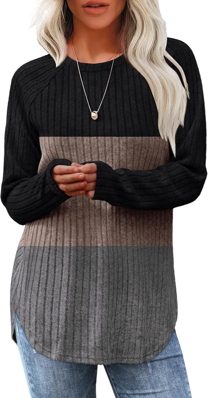 Women's Long Sleeve Tunic Tops - Loose Fit Crewneck Pullover with Curved Hem Color Block(black-grey)