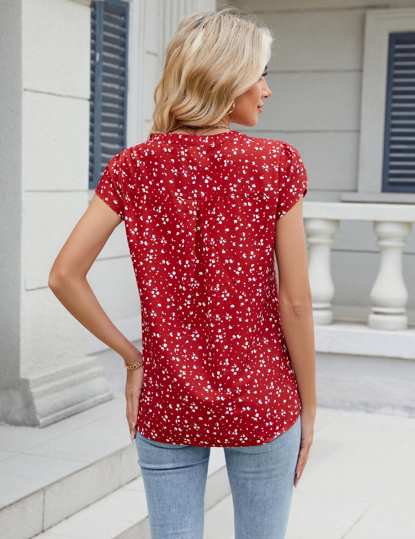 Beautiful Blouses For Ladies - Women's V-Neck Blouse with Pintuck Detail Short Petal Sleeve Business Top