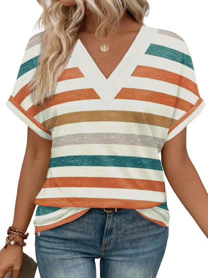 Womens Summer Tops V Neck Short Sleeve Shirts Casual Dolman Sleeve Fashion Blouse 2-striped - Orange