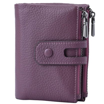 Women Leather Wallet - Small RFID Blocking Card Holder with Double Zipper Small Deep Plum