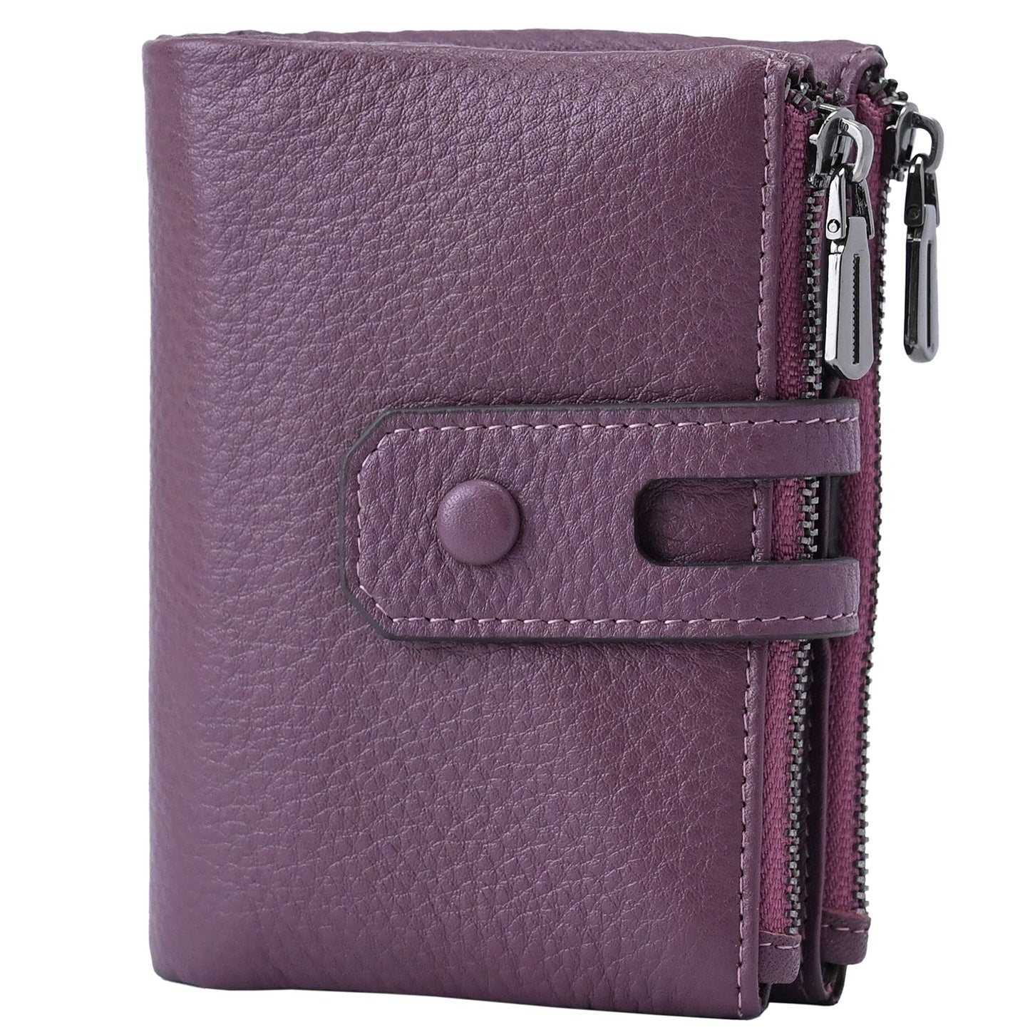 Women Leather Wallet - Small RFID Blocking Card Holder with Double Zipper Small Deep Plum
