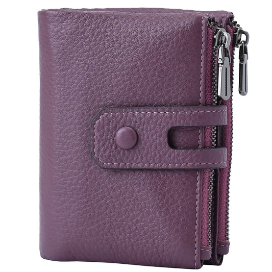 Women Leather Wallet - Small RFID Blocking Card Holder with Double Zipper Small Deep Plum