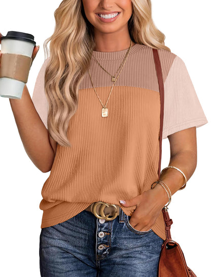 Women's Color Block Knit Shirt Short Sleeve Crewneck Top Beige Khaki