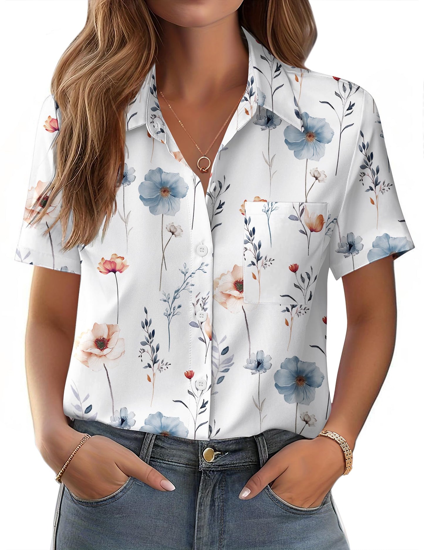 Polyester Blouse - Women's Button Down Shirt Short Sleeve Business Casual Blouse with Chest Pocket