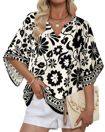 Big & Tall Clothing - Women's 3/4 Sleeve V-Neck Bohemian Peasant Blouse Loose Fit Tunic Top