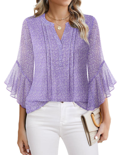 Beautiful Blouses For Ladies - Women's 3/4 Sleeve Chiffon Blouse Dressy Business Casual Work Shirt Grey Violet