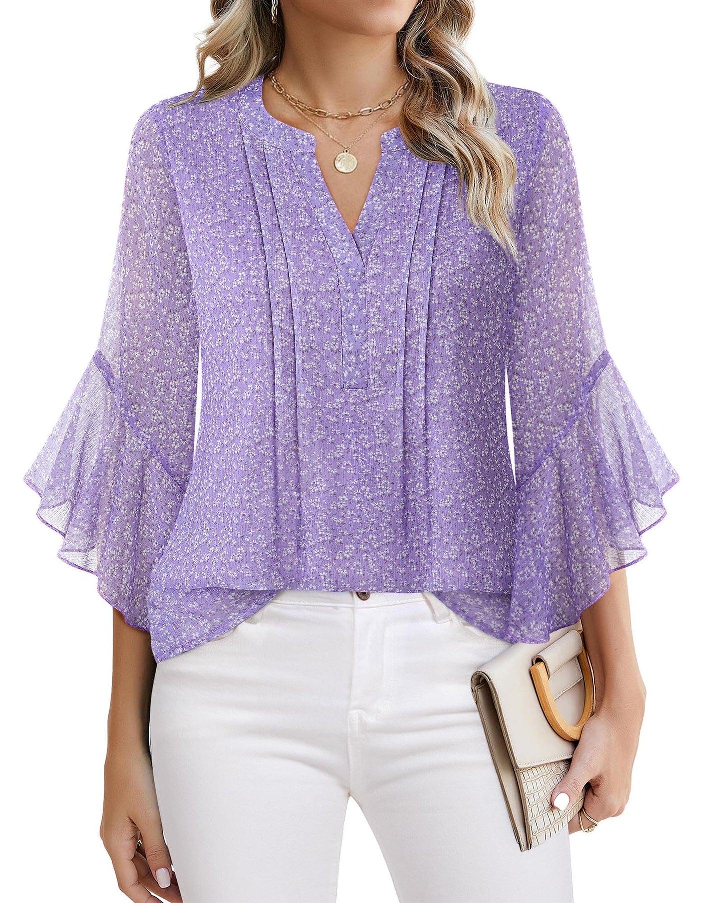 Beautiful Blouses For Ladies - Women's 3/4 Sleeve Chiffon Blouse Dressy Business Casual Work Shirt Grey Violet