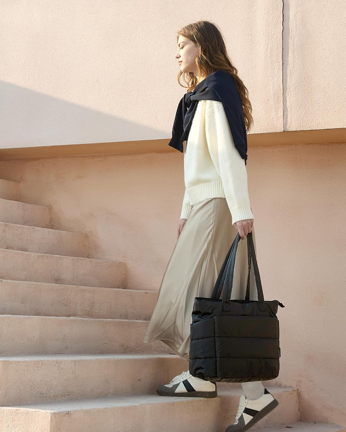 Women's Quilted Tote Bag Lightweight Puffy Shoulder Bag with Compartments