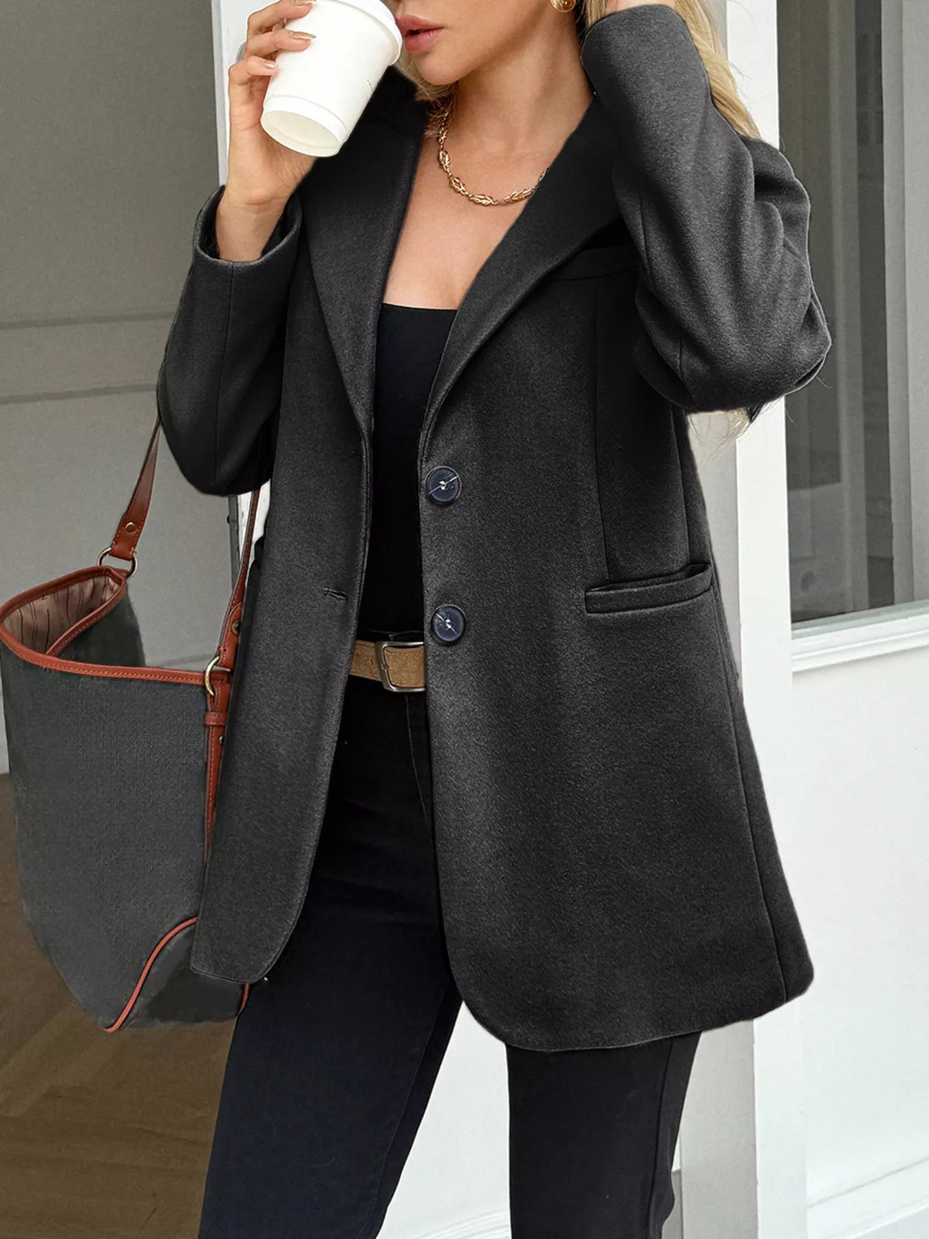 Lapel Collar Button Up Blazer Black