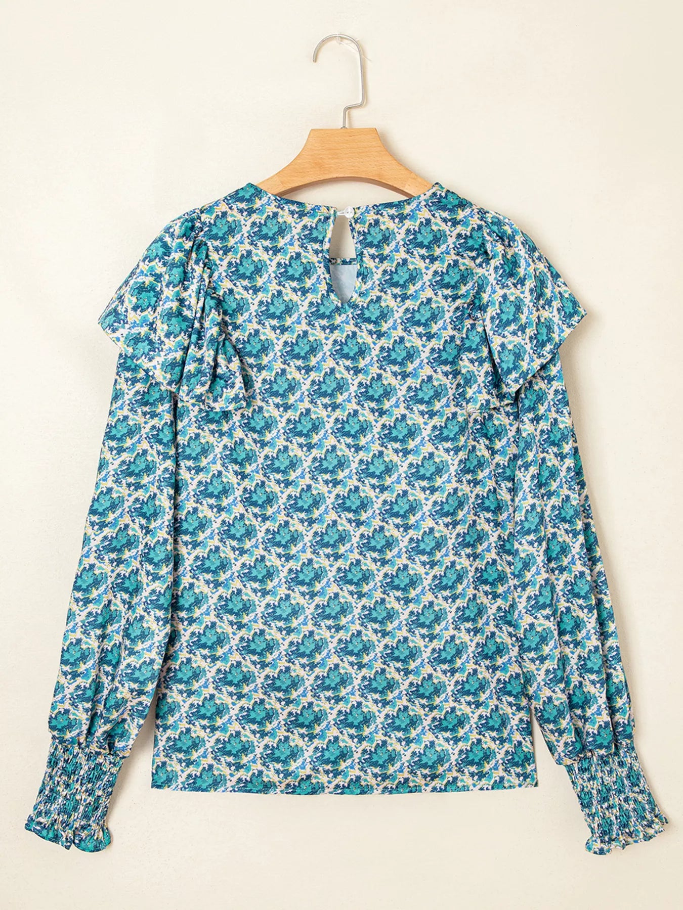 Abstract Print Shirred Cuff Ruffled Puff Sleeve Blouse