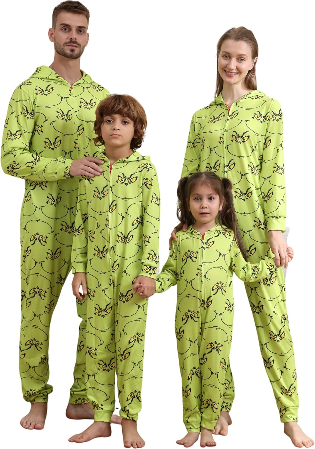 Matching Christmas Onesies for Family - Zip Up One-Piece Holiday Pajamas Green Face
