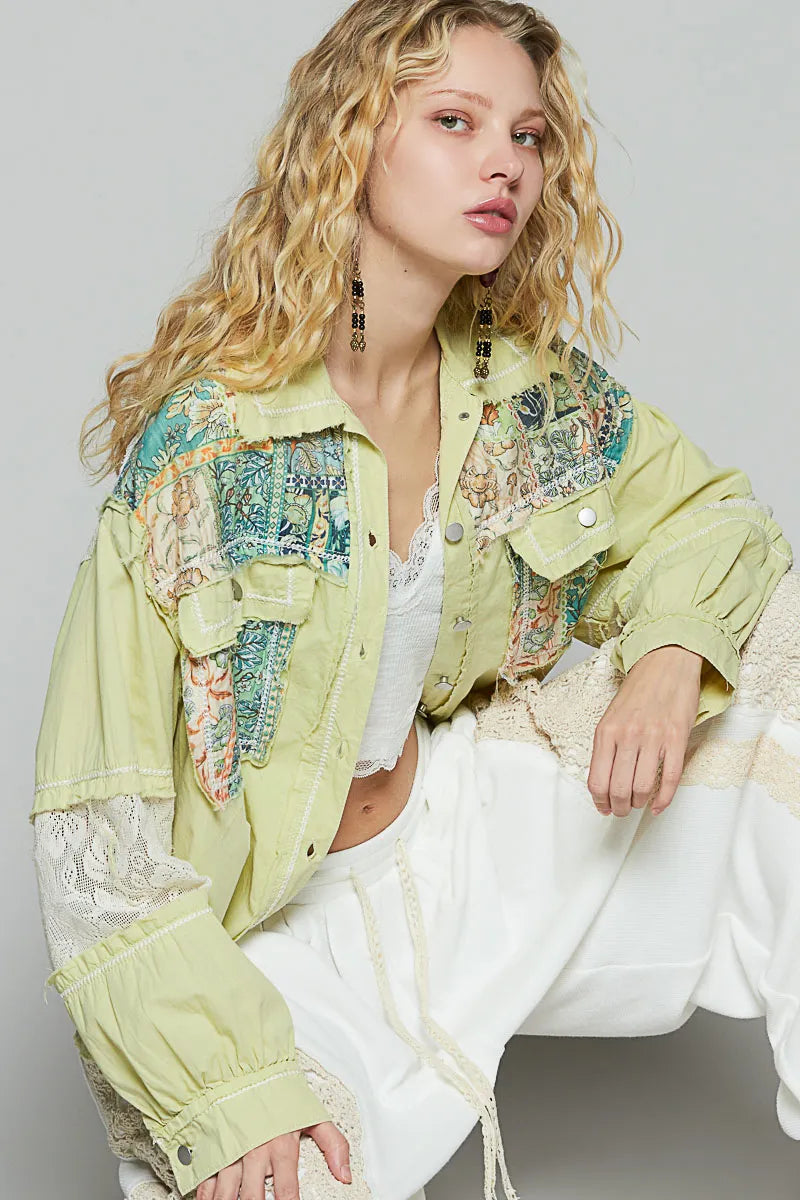 POL Printed Woven Mix Raw Hem Jacket with Lace Detail