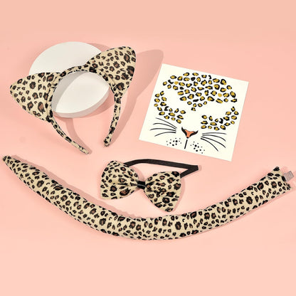 Valentine Leopard Costume - Animal Ears Headband Tail and Face Stickers - Halloween Leopard Cat Costume