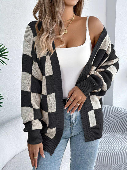 Checkered Pattern Open Front Cardigan