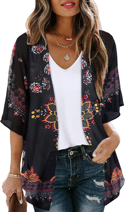 Floral Print Kimono Cardigan Women Puff Sleeve Cover Up Casual Blouse Loose Top Orange Black