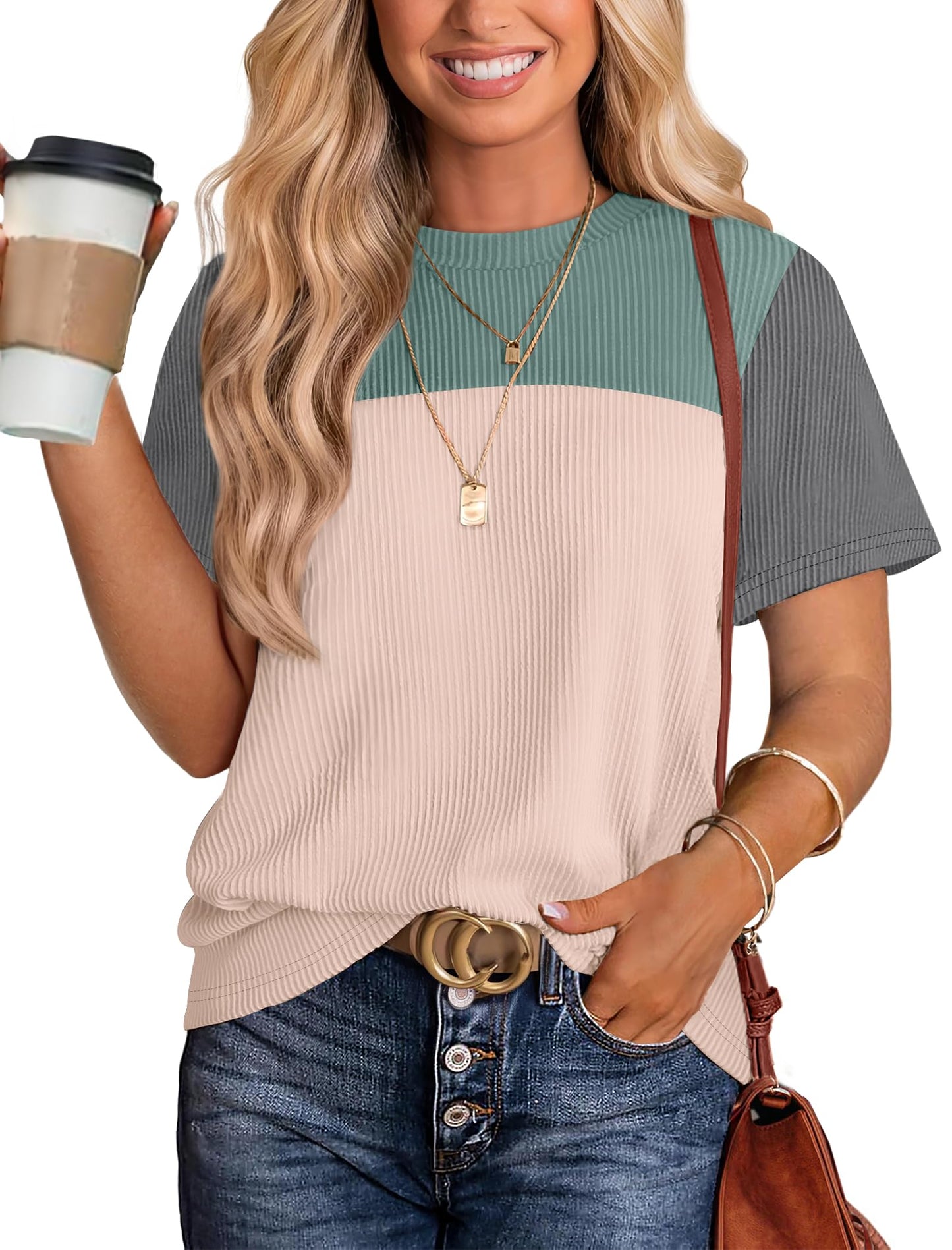 Women's Color Block Knit Shirt Short Sleeve Crewneck Top Green