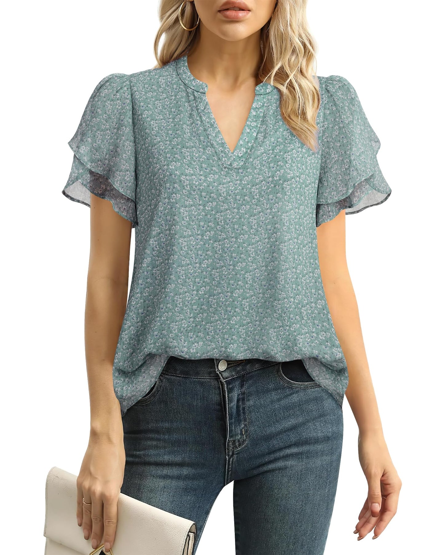 Polyester Blouses - Women's Chiffon Blouse V-Neck Puff Sleeve Summer Top for Work and Casual Wear Floral Blue