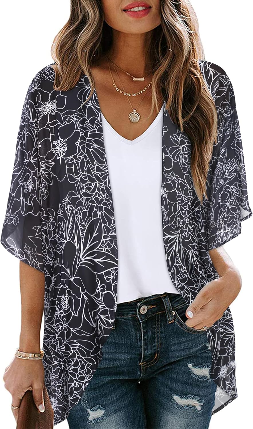 Floral Print Kimono Cardigan Women Puff Sleeve Cover Up Casual Blouse Loose Top
