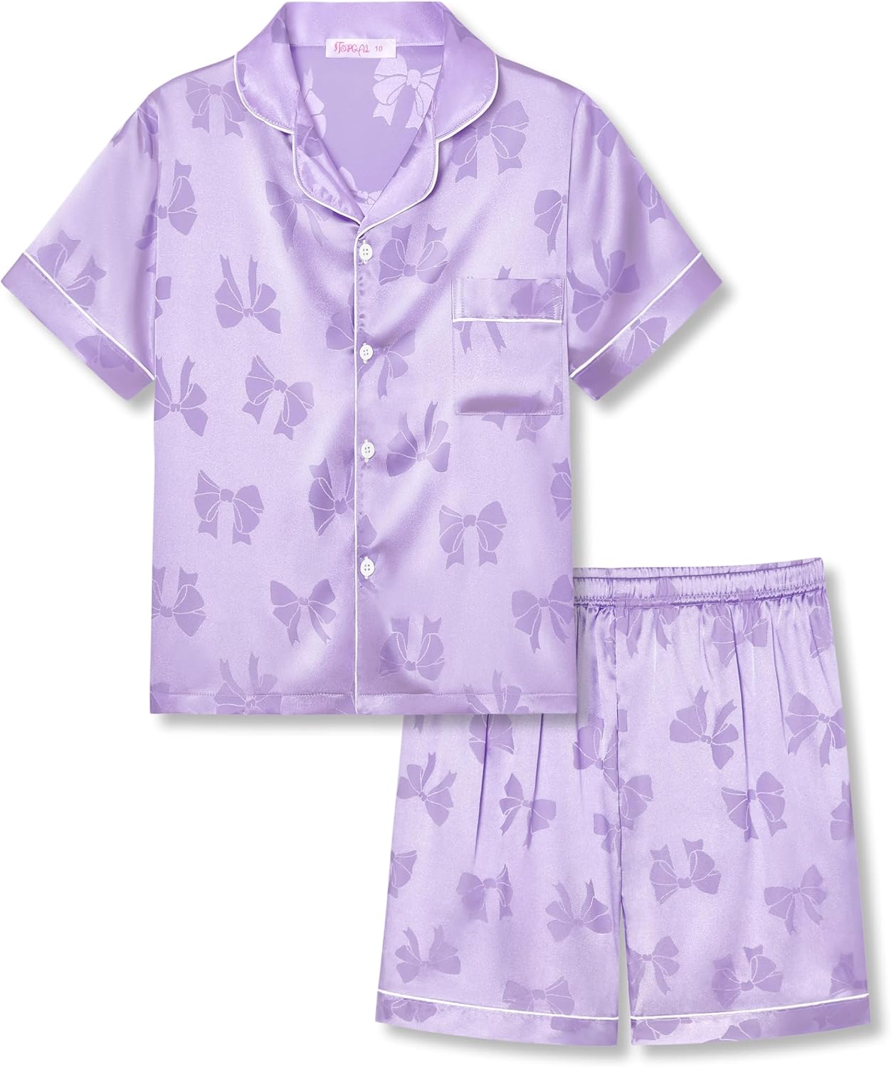 Girls Satin Pajama Set - Silky Button Down PJ with Shorts Size 6-16 Jacquard Light Purple Bow(short Sleeve & Shorts)