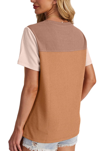Women's Color Block Knit Shirt Short Sleeve Crewneck Top