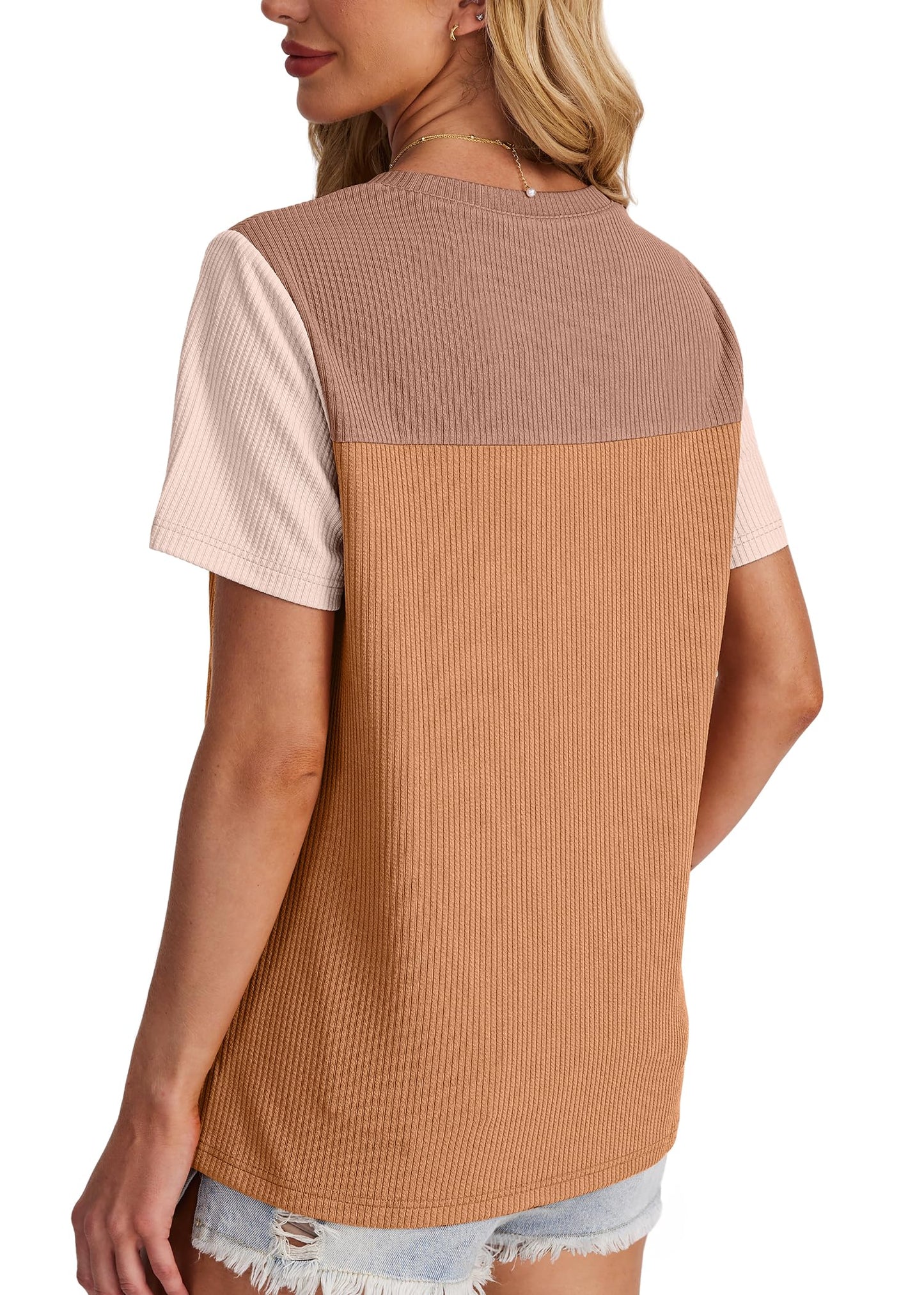 Women's Color Block Knit Shirt Short Sleeve Crewneck Top