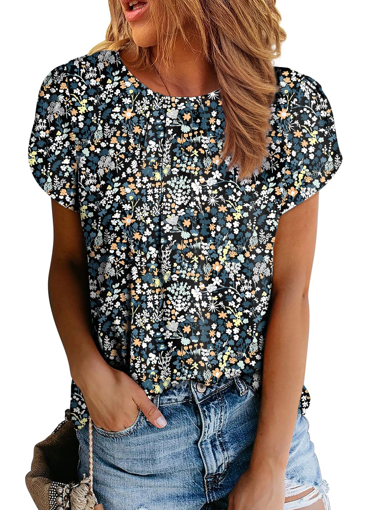 Polyester Blouses - Women's Chiffon Blouse Short Sleeve Pleated Top with Keyhole Back Detail