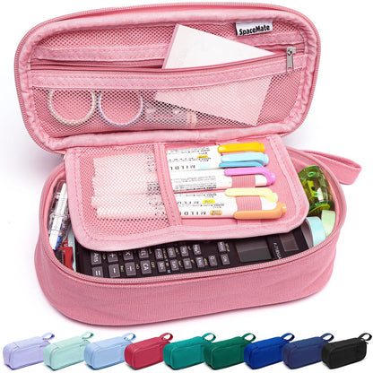 Large Pencil Case 1800ml - Heavy Duty Canvas School Supplies Organizer for Kids Students Rosy Pink