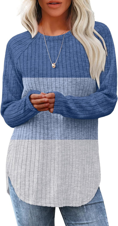 Long Sleeve Tunic Top for Women - Loose Fit Pullover with Curved Hem Color Block(blue-grey)