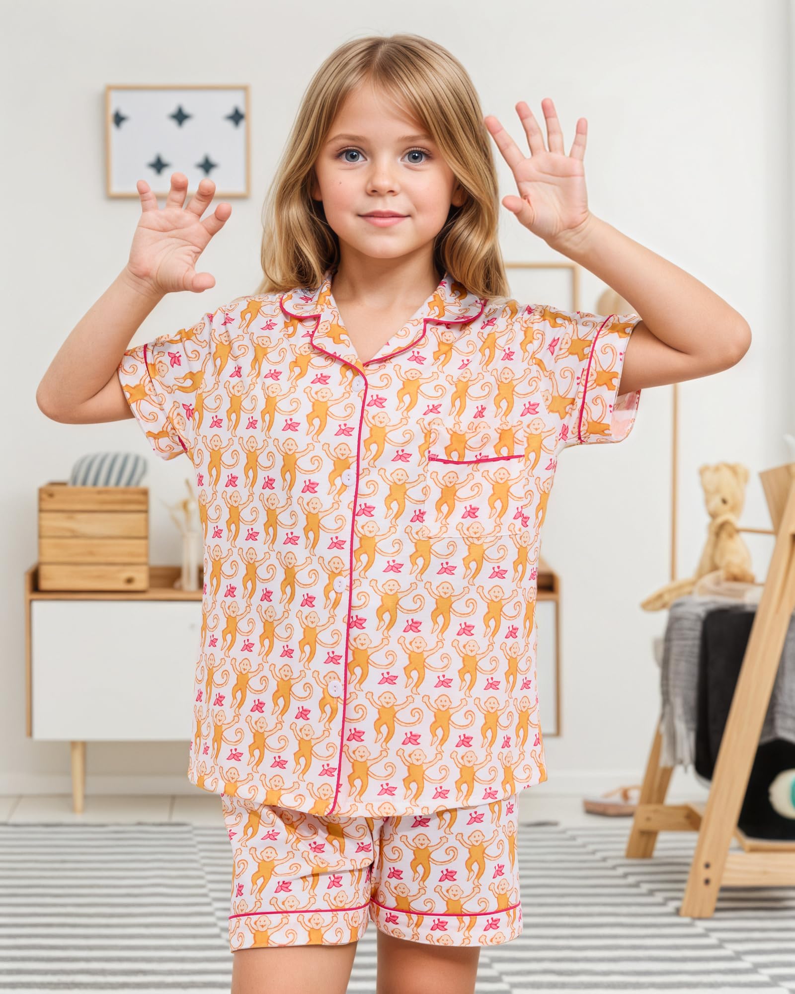 Roller Rabbit Pajamas Kids - Girls Summer 2 Piece Set - Button Down Top and Shorts