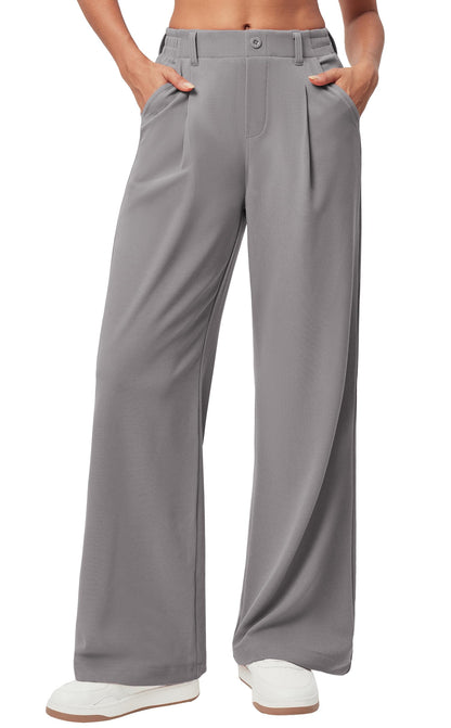 Women's Wide Leg Work Pants - Stretchy Pull-On Business Casual Trousers with Pockets Mink Ash- 28'' Regular