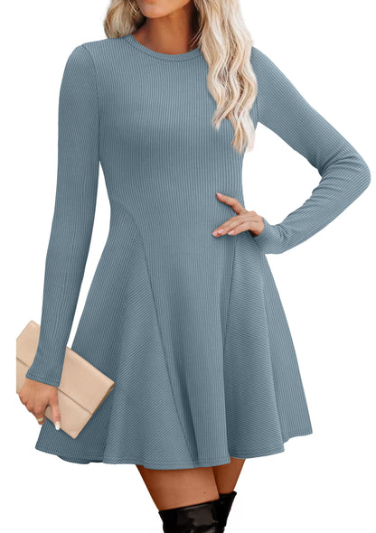Women's Sweater Dress - Long Sleeve Ribbed Knit Fit and Flare A-Line Dress