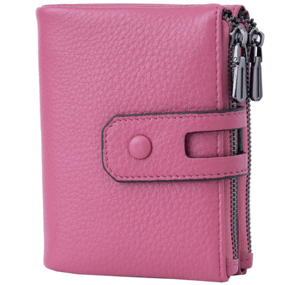 Women Leather Wallet - Small RFID Blocking Card Holder with Double Zipper Small Dark Pink