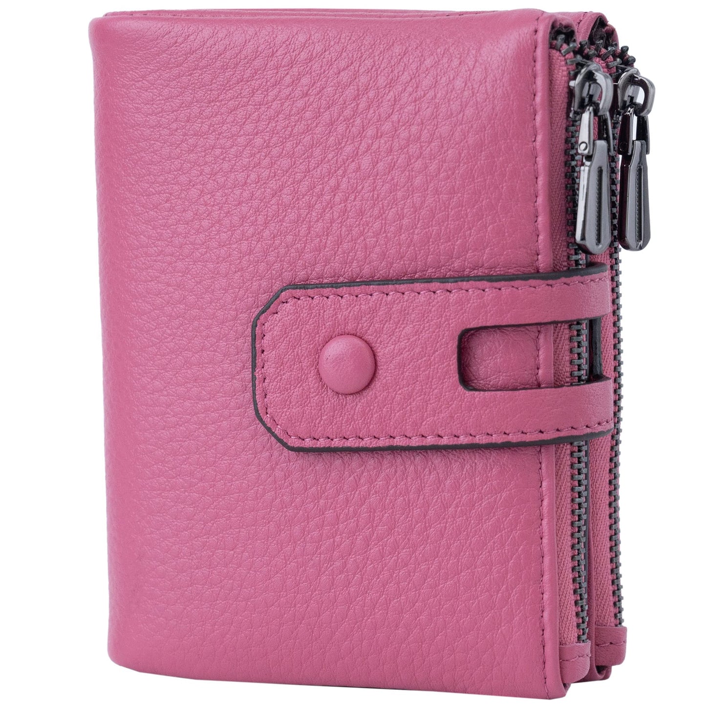 Women Leather Wallet - Small RFID Blocking Card Holder with Double Zipper Small Dark Pink