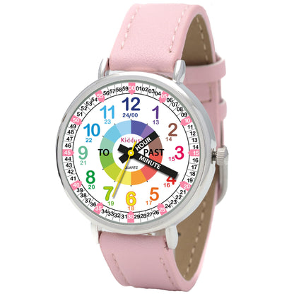 Kids Time Teacher Watch - Educational Analog Watch with Japanese Quartz Movement Ages 5-12 A. English Handles 07 Pink PU Leather band