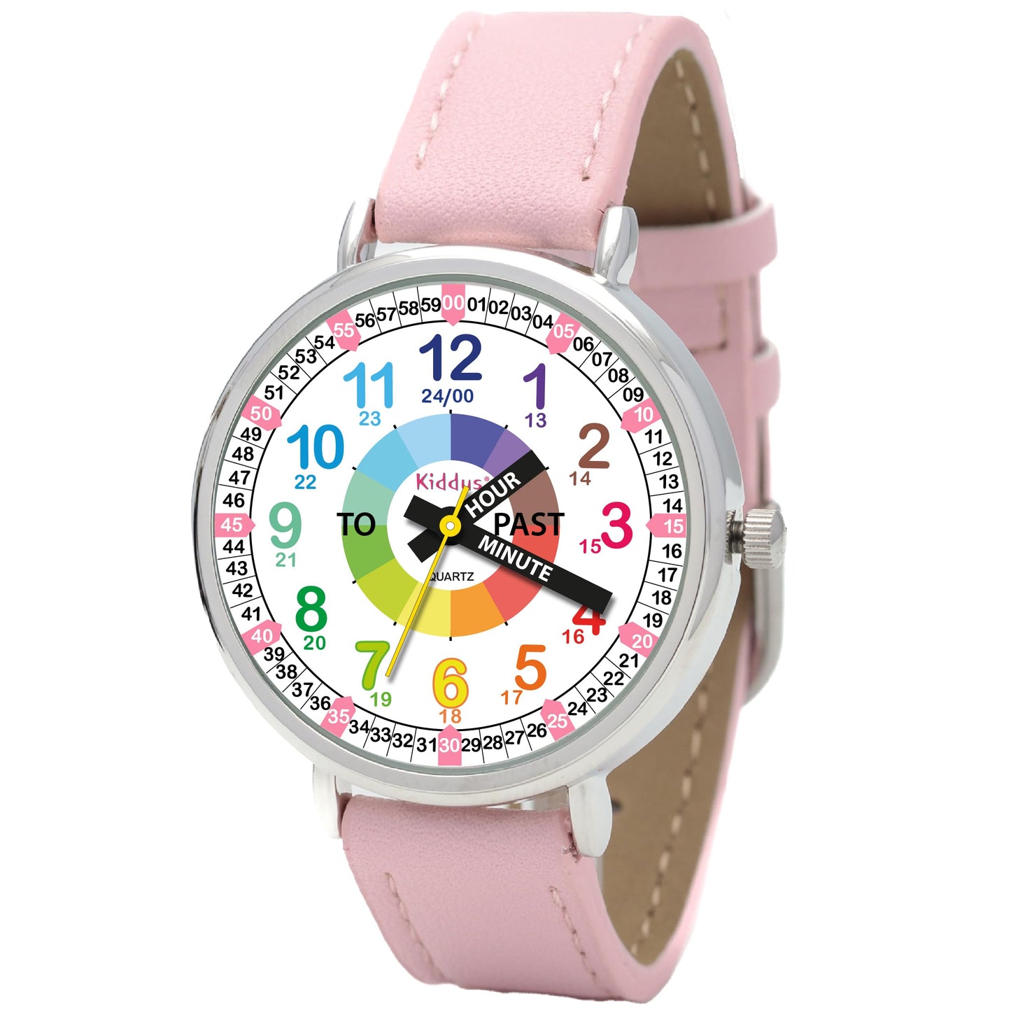 Kids Time Teacher Watch - Educational Analog Watch with Japanese Quartz Movement Ages 5-12 A. English Handles 07 Pink PU Leather band