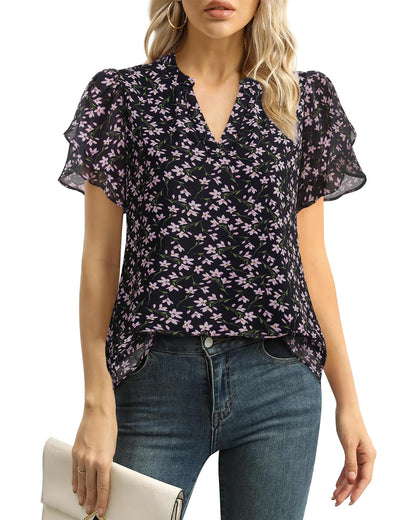 Polyester Blouses - Women's Chiffon Blouse V-Neck Puff Sleeve Summer Top for Work and Casual Wear Floral Black