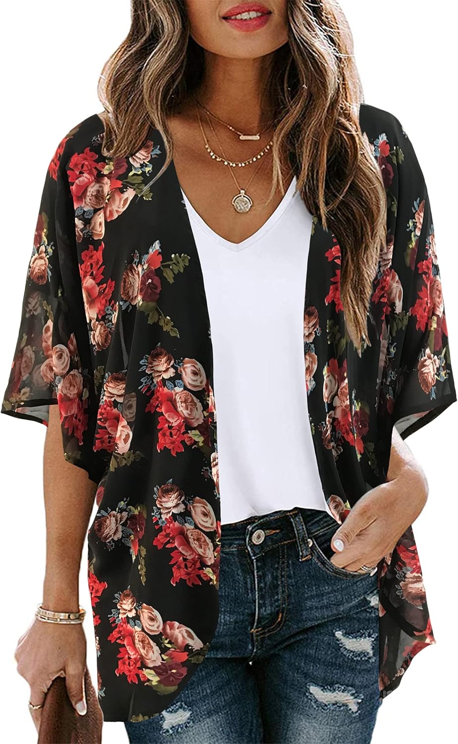 Floral Print Kimono Cardigan Women Puff Sleeve Cover Up Casual Blouse Loose Top