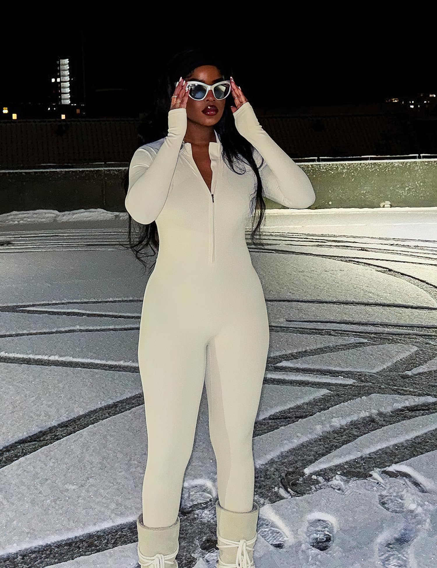 Women's Long Sleeve Workout Jumpsuit - Zip Up Bodycon Romper One Piece