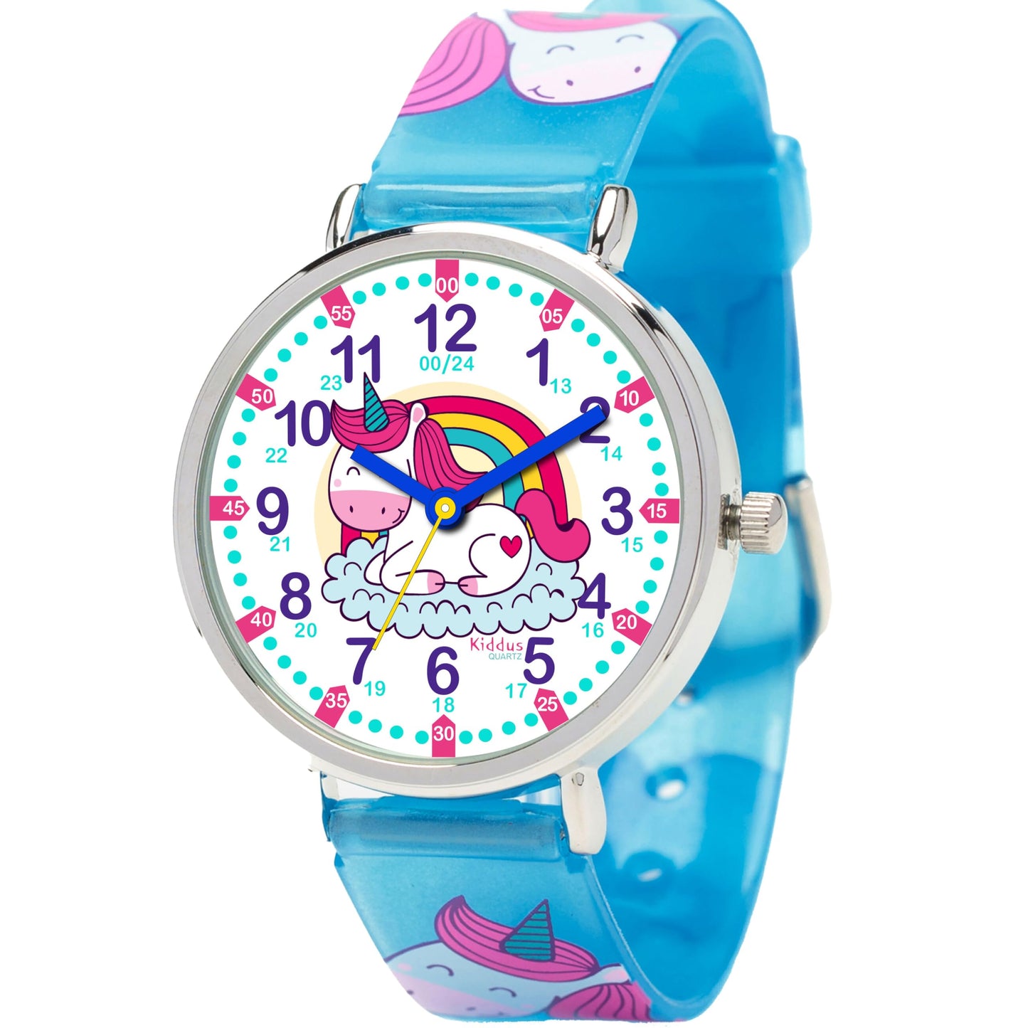 Kids Time Teacher Watch - Educational Analog Watch with Japanese Quartz Movement Ages 5-12 B. Color Handles 16 Unicorn. Fluorescent